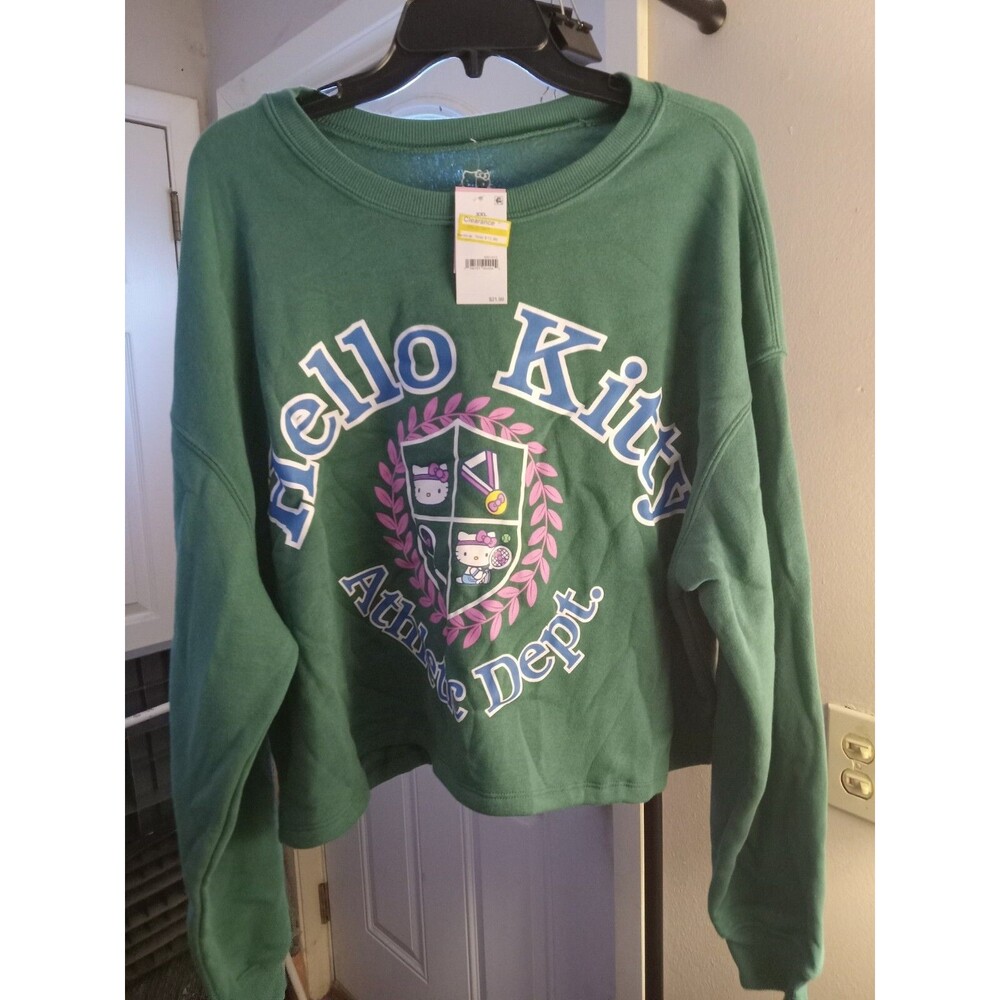 Size XXL Women's Hello Kitty Athletic Dept. Graphic Cropped Sweatshirt, Green